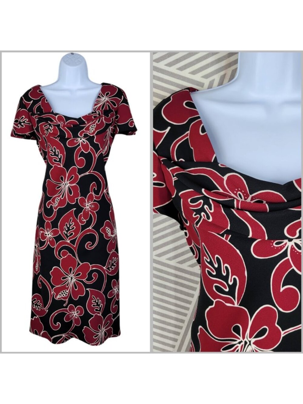Tropical Hawaiian Sheath Dress size 14 Floral Hibiscus Red Black Vintage 90s Y2K
